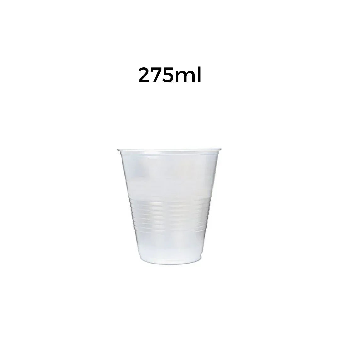 Clear plastic disposable cup with 275ml capacity