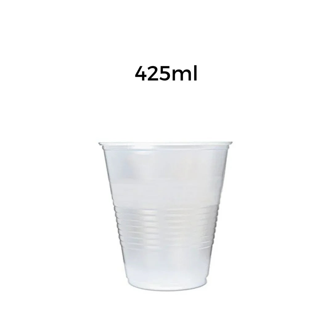 Clear plastic disposable cup with a 425ml capacity