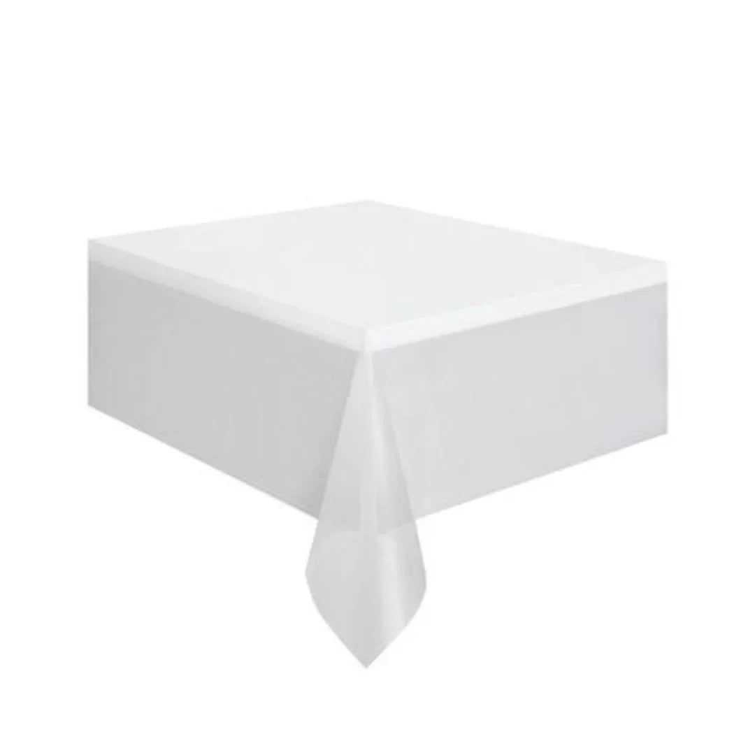 White disposable plastic tablecloth on a square table