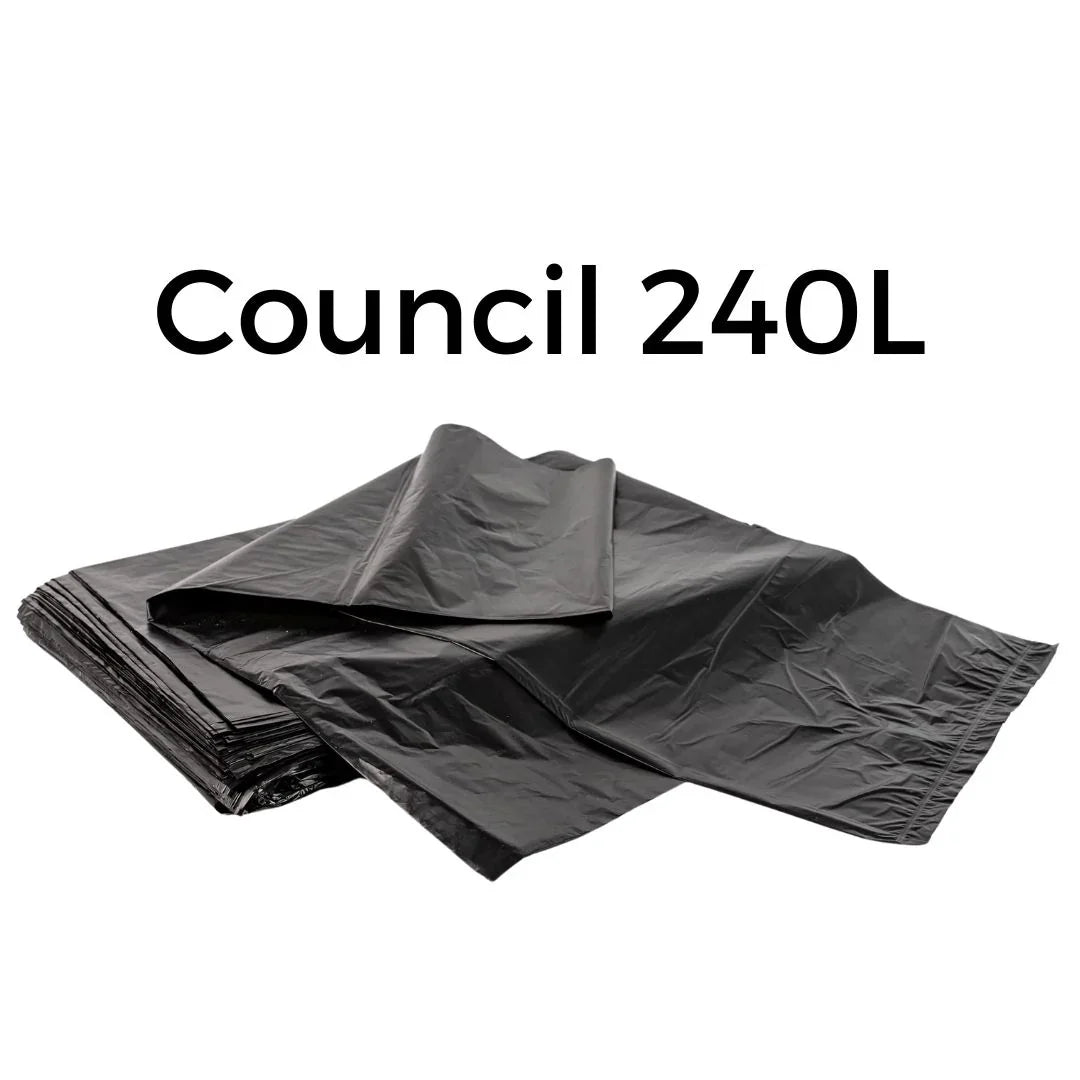 Stack of black heavy-duty 240L council garbage bags