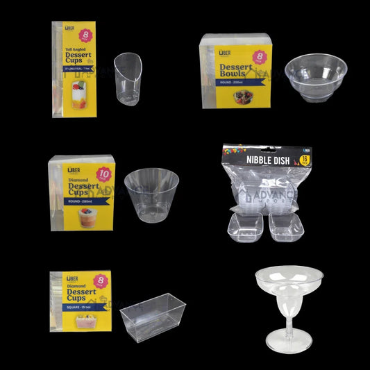 Assorted clear plastic disposable dessert cups and bowls for catering and parties