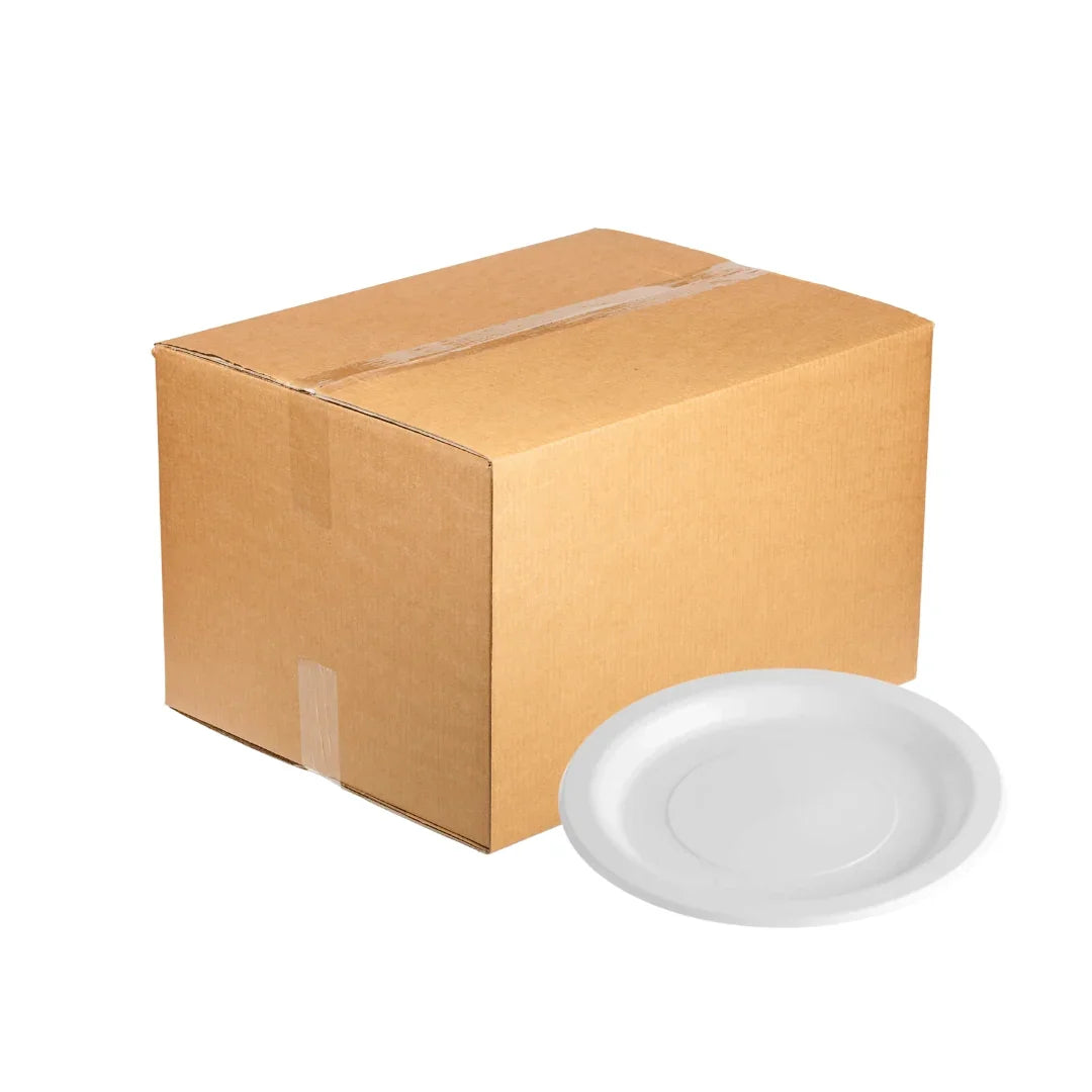 Brown cardboard shipping box next to a white disposable paper plate.