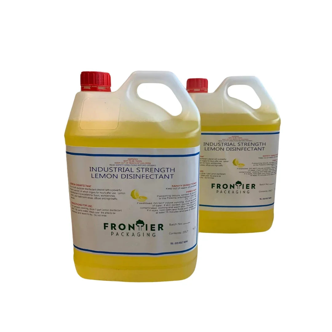 Two 20L jugs of Frontier Packaging Industrial Strength Lemon Disinfectant