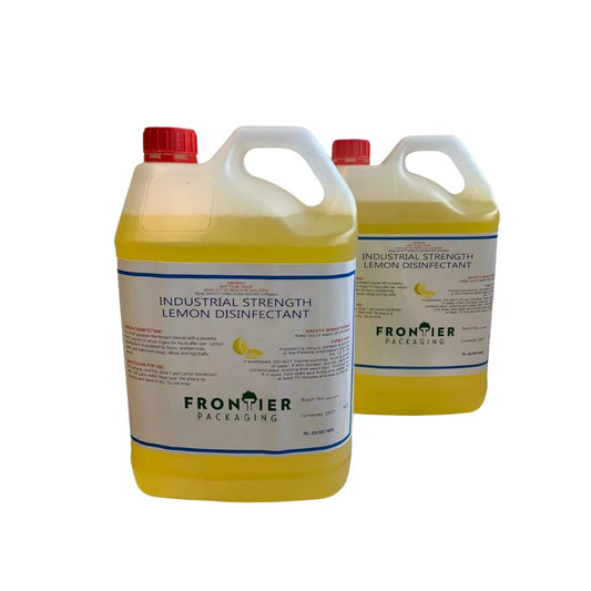 Two 20L jugs of Frontier Packaging Industrial Strength Lemon Disinfectant