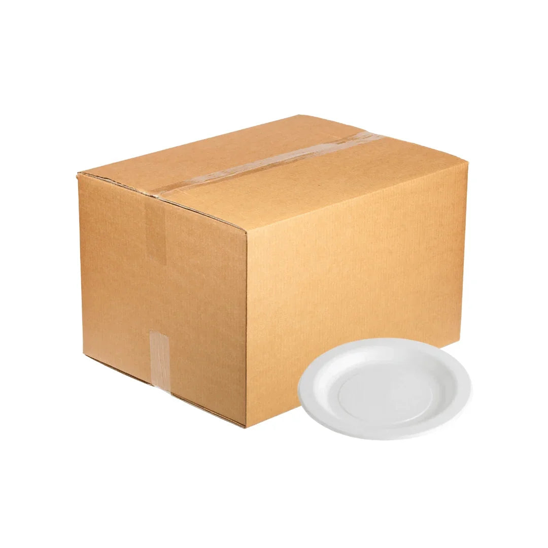 A brown cardboard shipping box next to a white disposable paper plate.