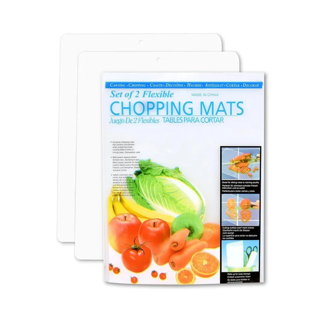 Set of 2 flexible plastic chopping mats for carving and slicing food.
