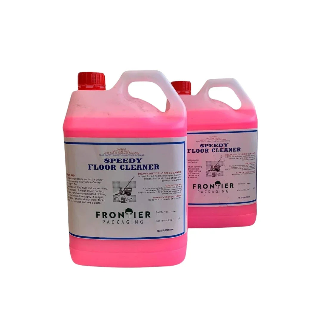 Two large pink jugs of Frontier Packaging Speedy Heavy Duty Floor Cleaner.