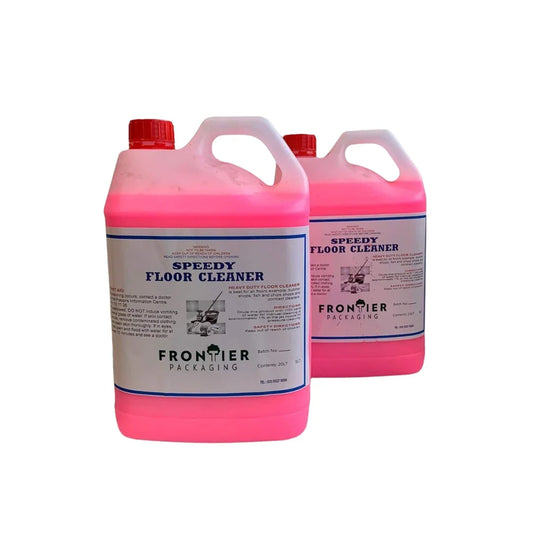 Two large pink jugs of Frontier Packaging Speedy Heavy Duty Floor Cleaner.