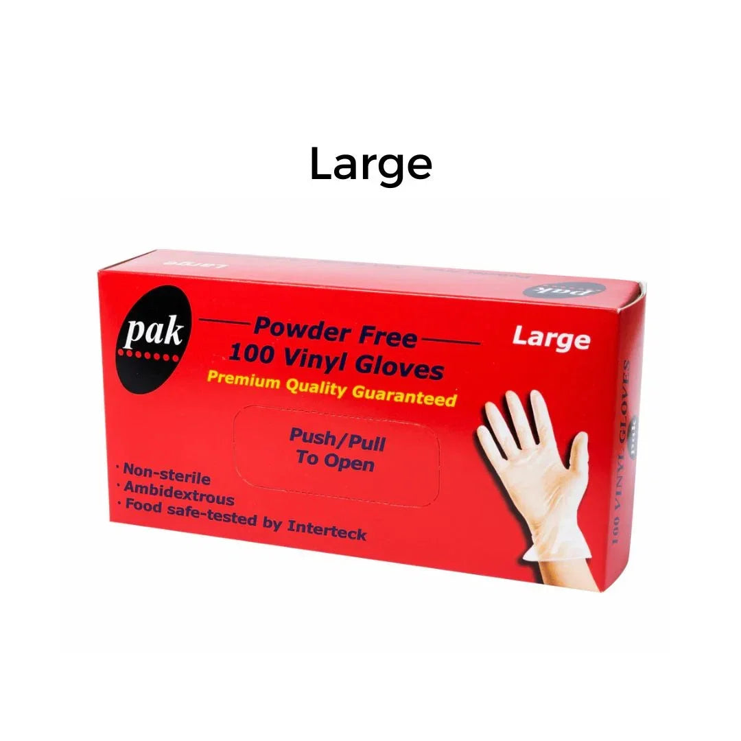 Box of 100 powder-free vinyl gloves in size large by pak