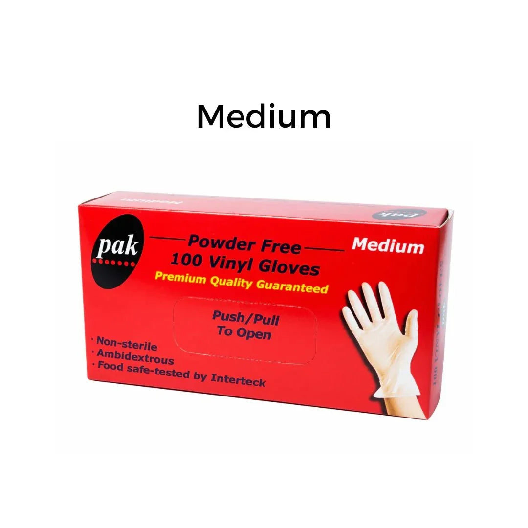 Box of pak powder-free medium vinyl gloves, 100 count, food safe and ambidextrous