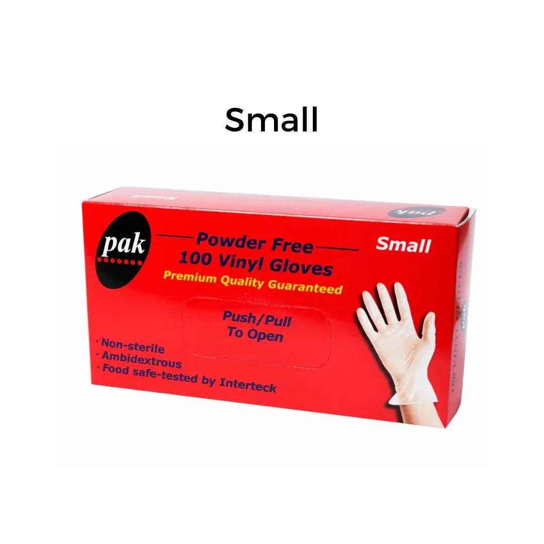 Box of 100 Pak small powder-free vinyl gloves, non-sterile and food safe.