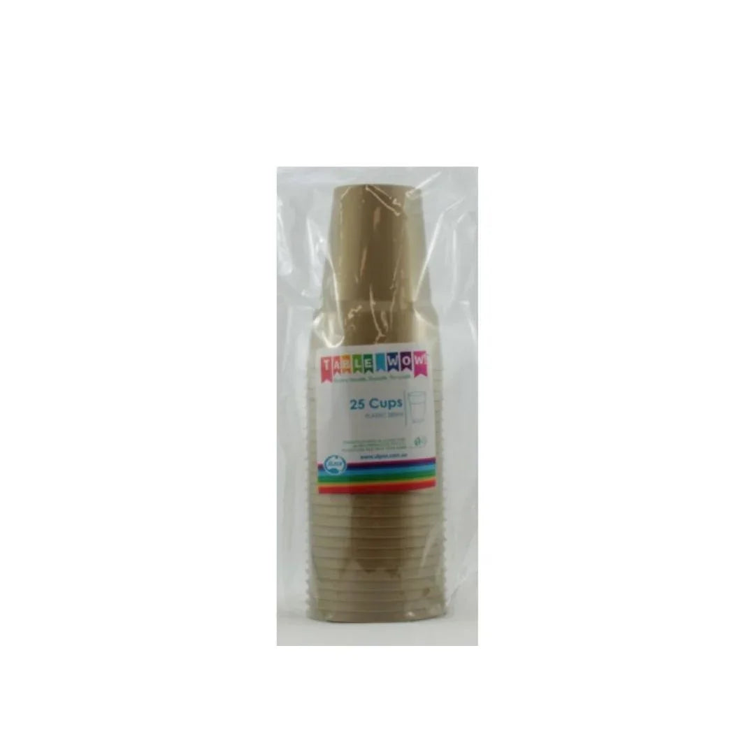 Pack of 25 disposable beige plastic cups in transparent packaging