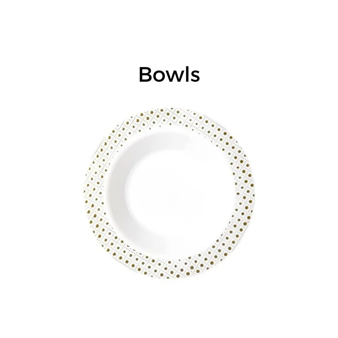 White disposable bowl with gold polka dot border pattern