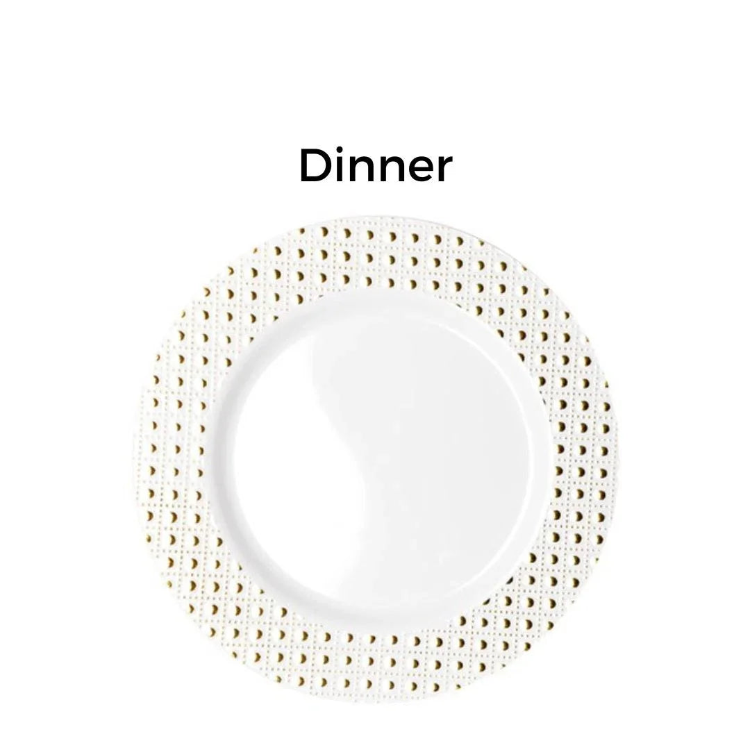 White disposable dinner plate with gold polka dot border pattern