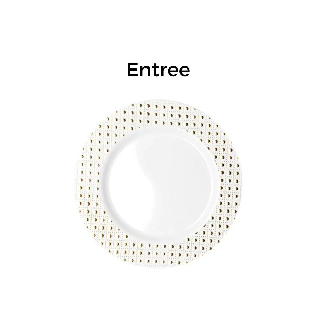 White entree plate with a gold polka dot lace border