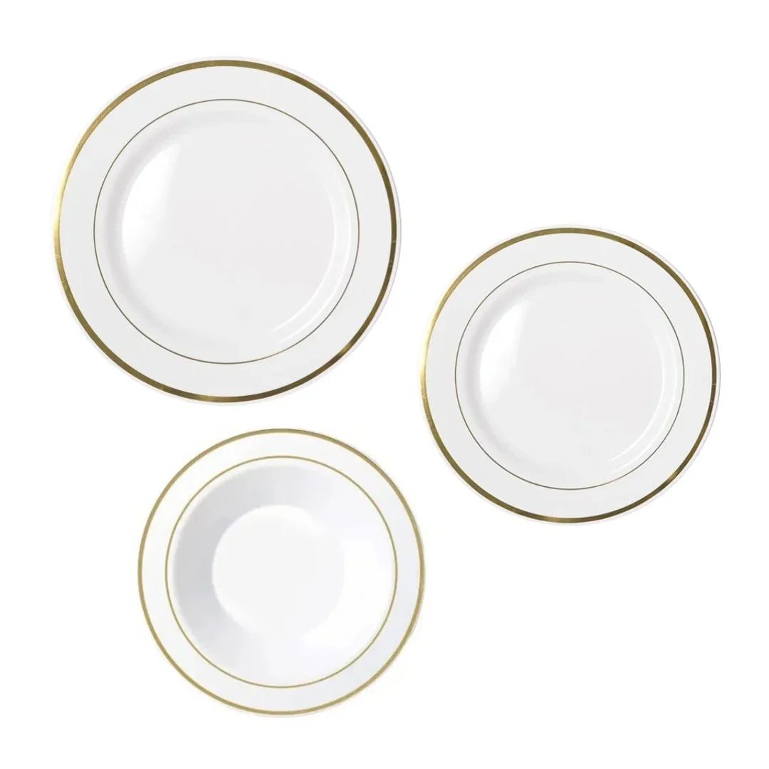 Set of three white disposable plates with elegant gold rim accents