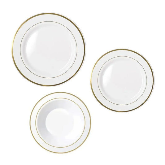 Set of three white disposable plates with elegant gold rim accents