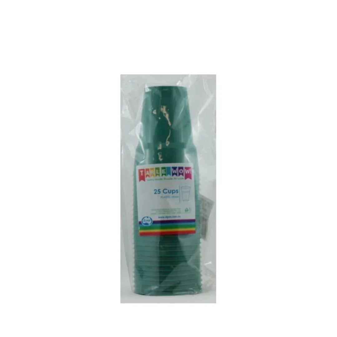 Pack of 25 green plastic disposable cups wrapped in clear plastic packaging