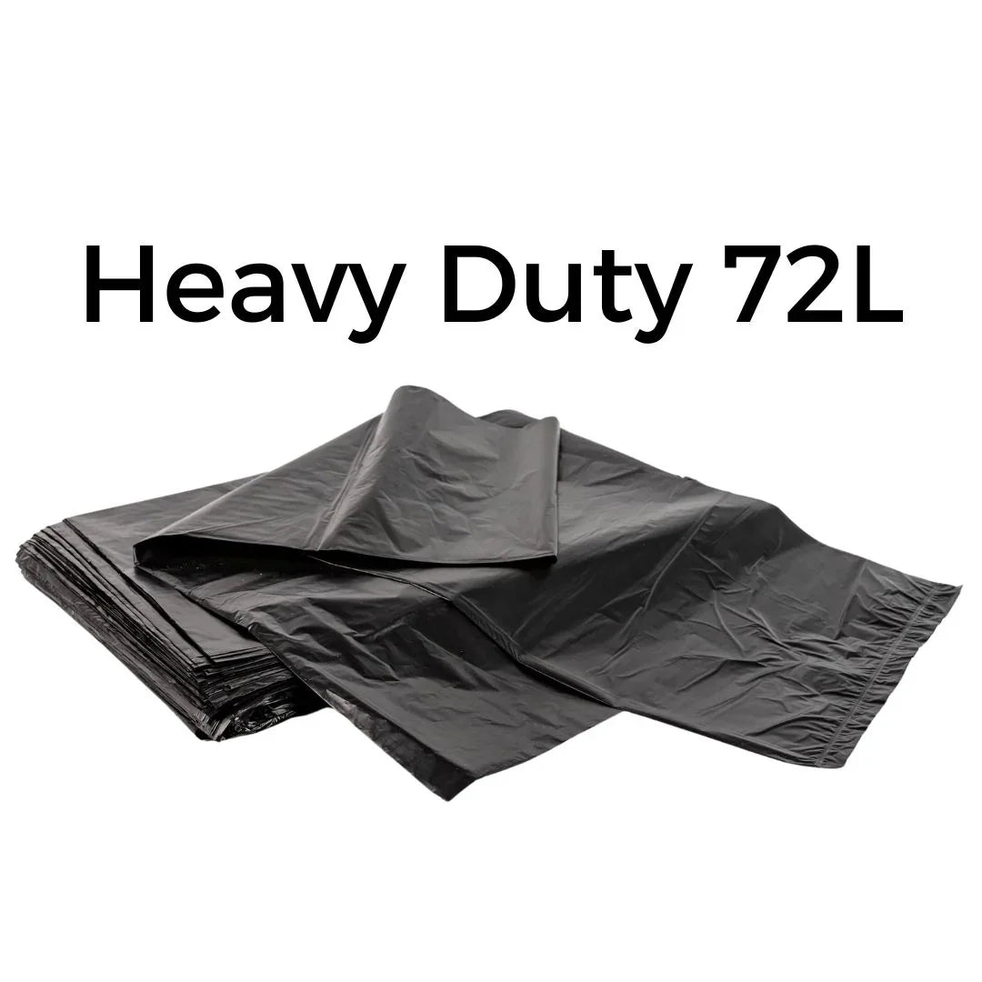 Heavy duty 72L black garbage bags stacked and unfolded on a white background