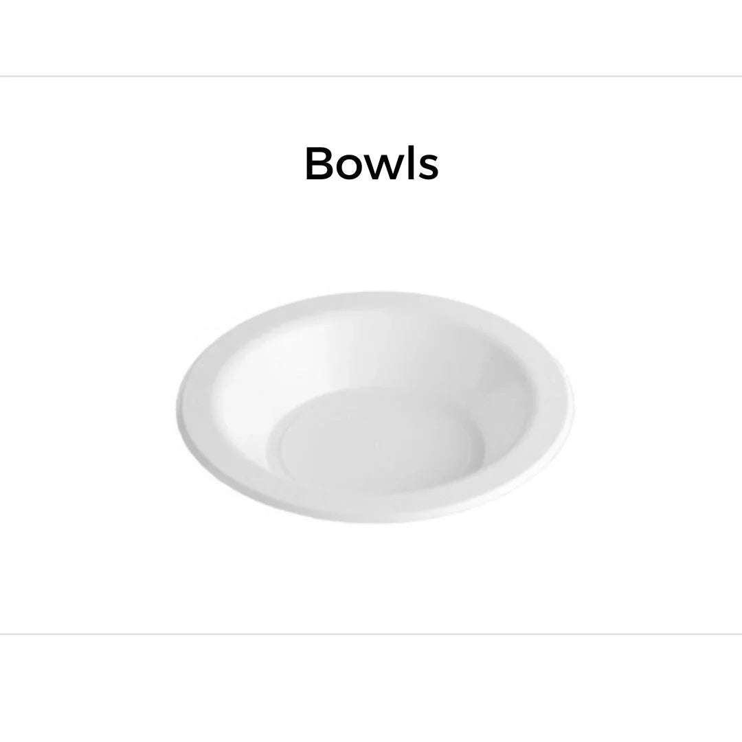A single white disposable catering bowl isolated on a white background.