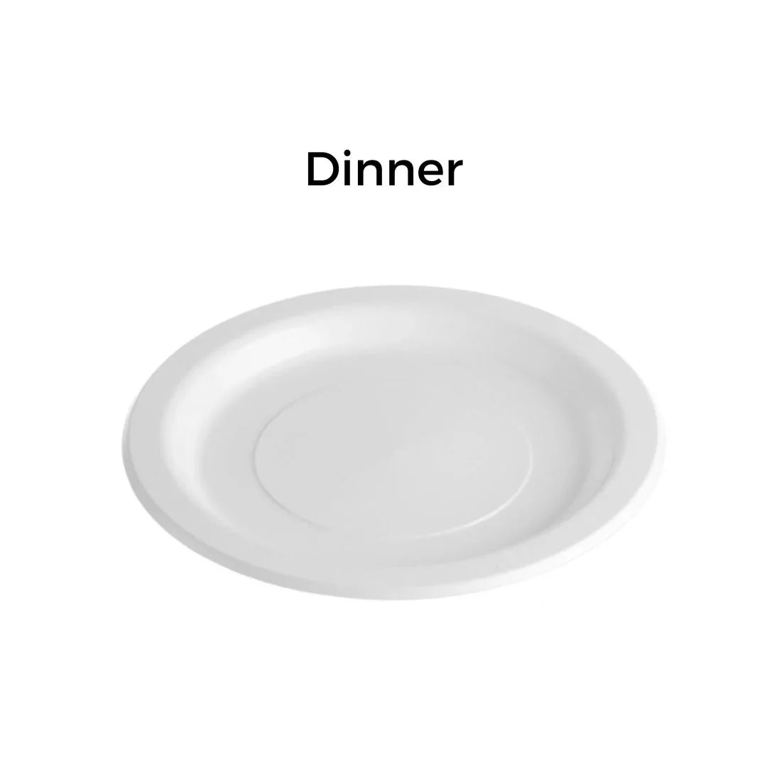 White disposable paper dinner plate on a plain white background
