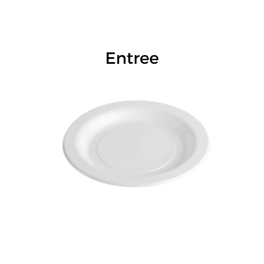 White disposable entree plate for catering and parties