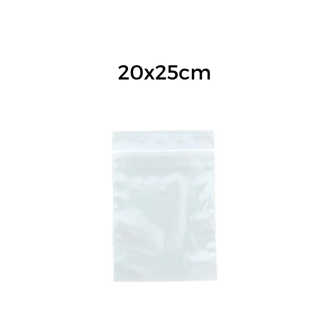 Clear plastic zip lock bag measuring 20x25cm