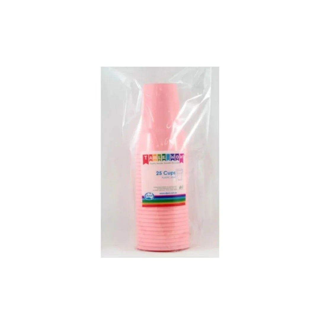 Pack of 25 pink disposable plastic cups in clear plastic packaging