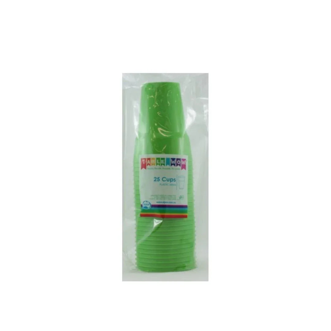 Pack of 25 green plastic disposable cups in clear plastic packaging