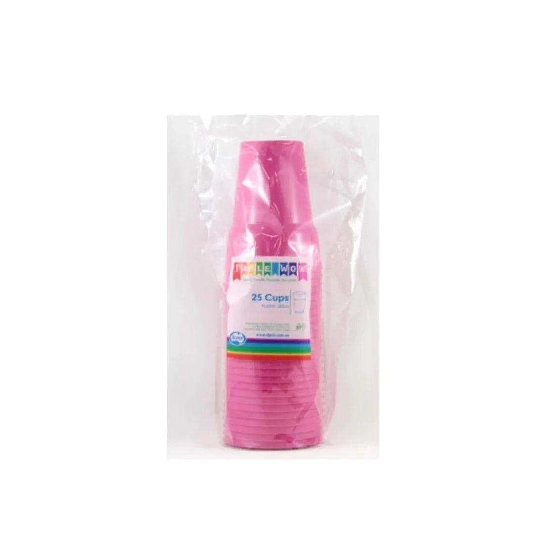 A pack of 25 pink disposable plastic cups wrapped in clear plastic packaging.