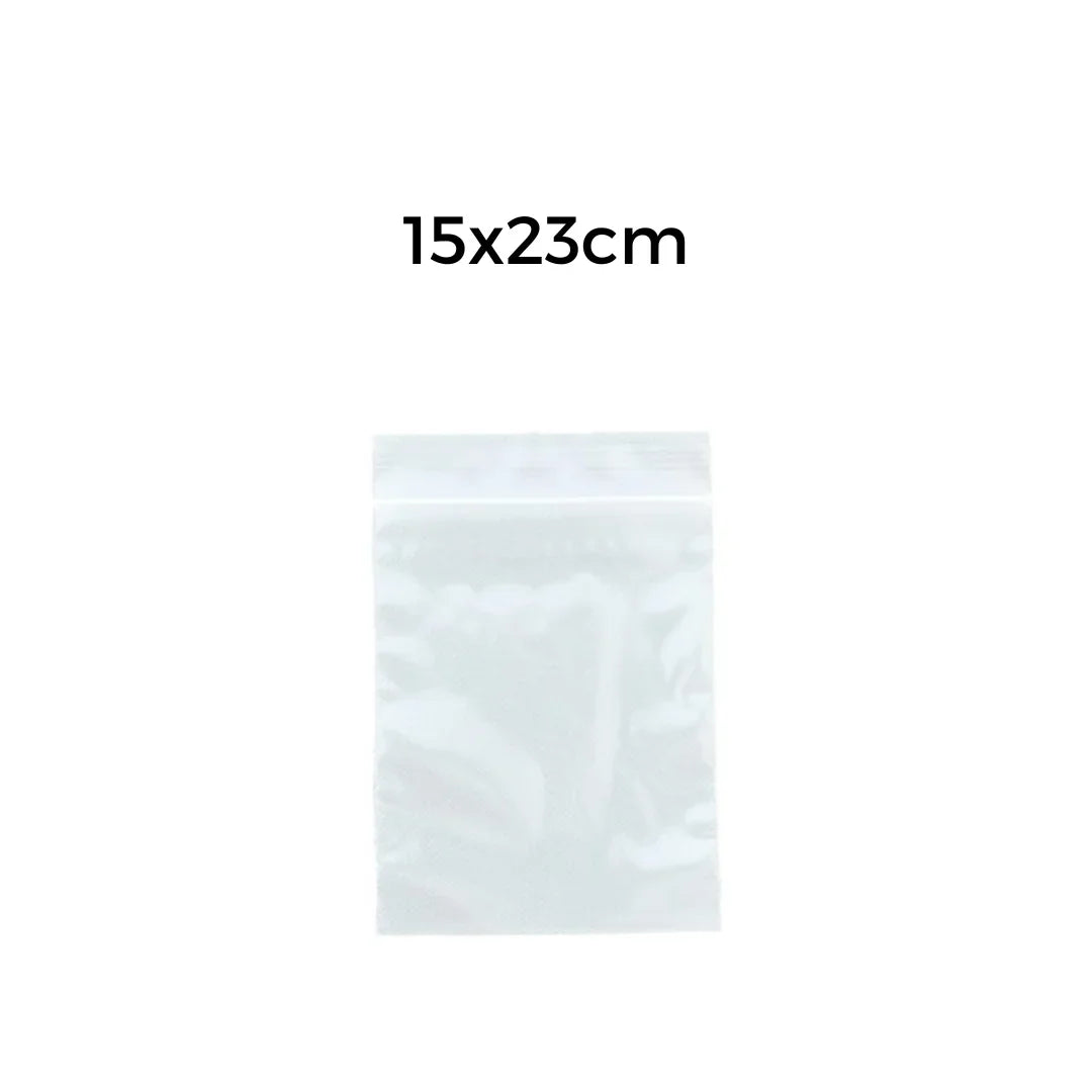 Clear plastic zip lock bag measuring 15x23cm for packaging supplies