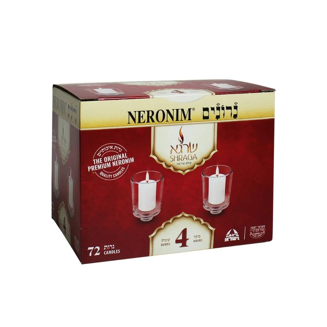 Box of Shraga Neronim premium candles, 72 pack, 4-hour burn time.