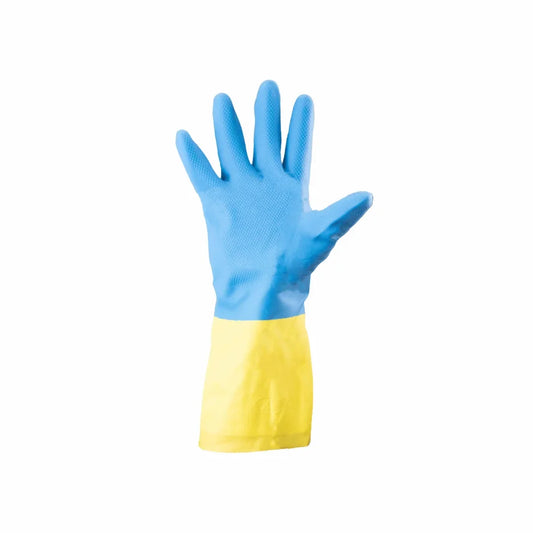 Blue rubber cleaning glove with a yellow cuff on a white background