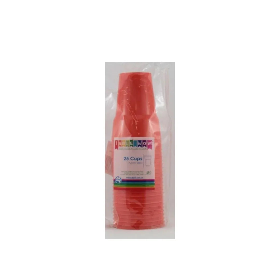 Pack of 25 red plastic disposable cups in clear plastic packaging