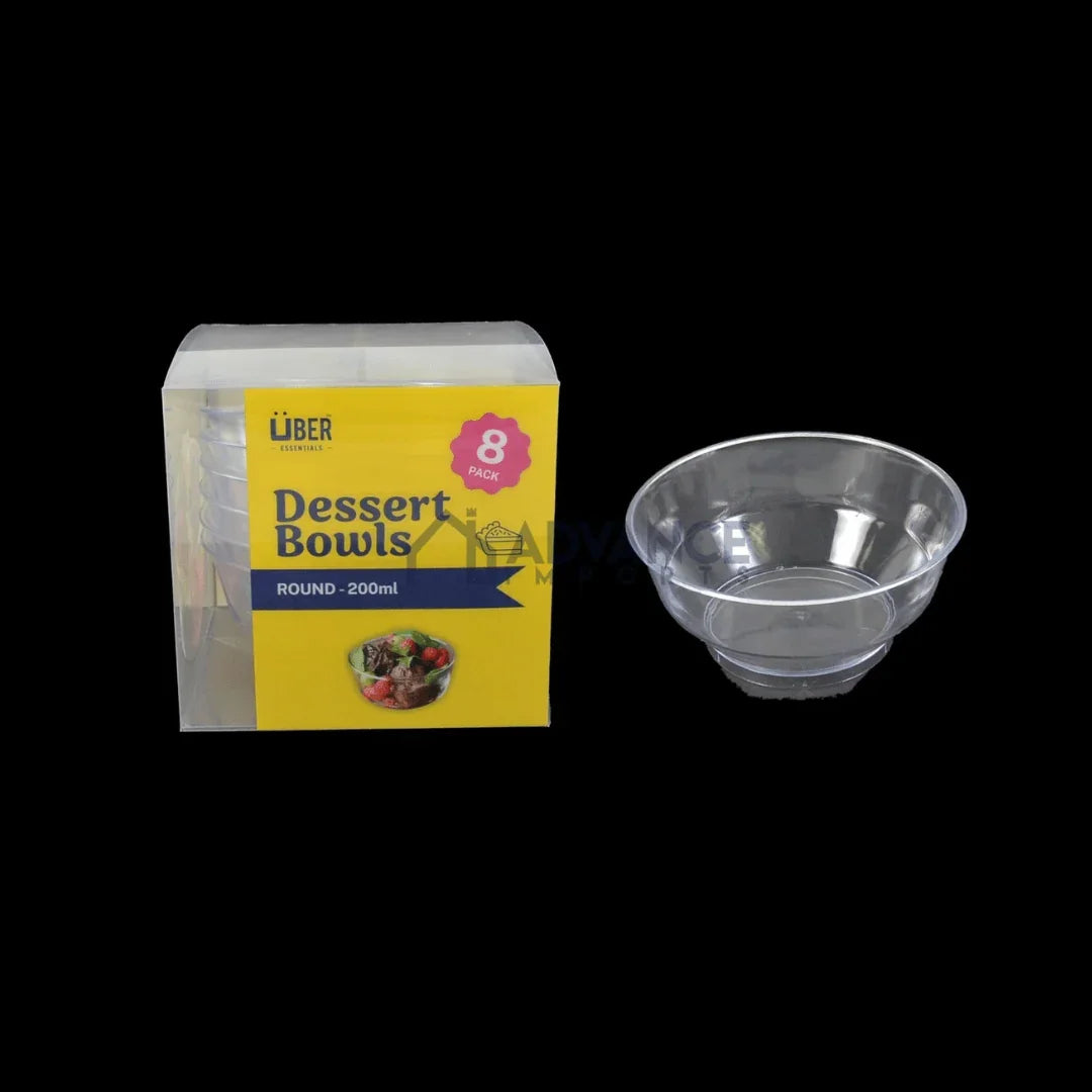 Pack of 8 Uber clear plastic round dessert bowls, 200ml capacity