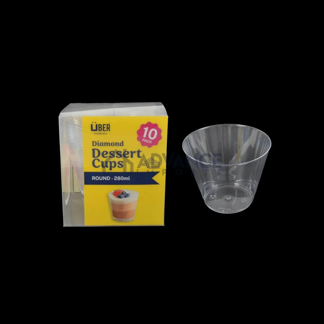 Pack of 10 Uber Essentials Diamond Dessert Cups, round 280ml clear plastic disposable cups