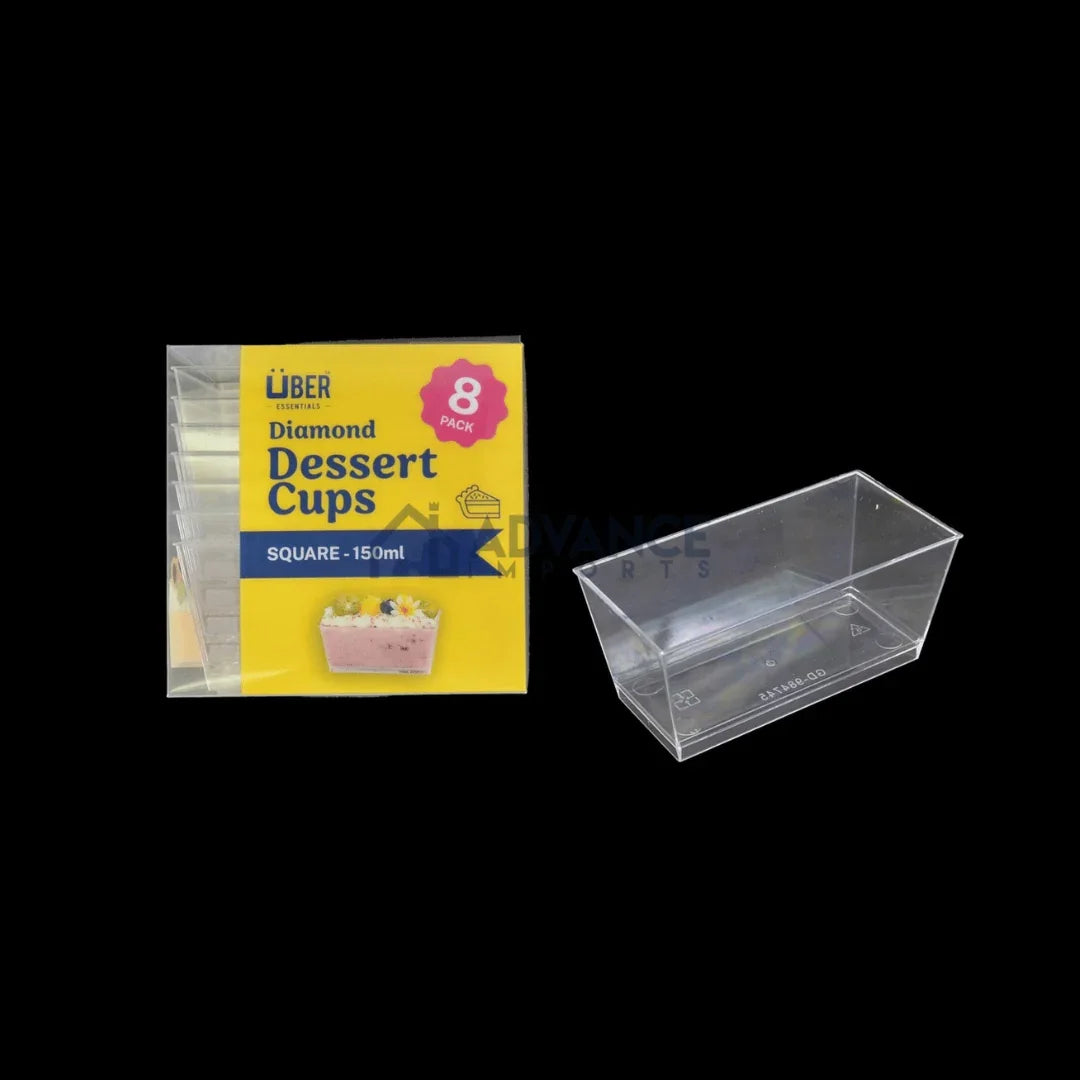 Uber Essentials Diamond Dessert Cups, 8 pack of 150ml square clear plastic catering cups