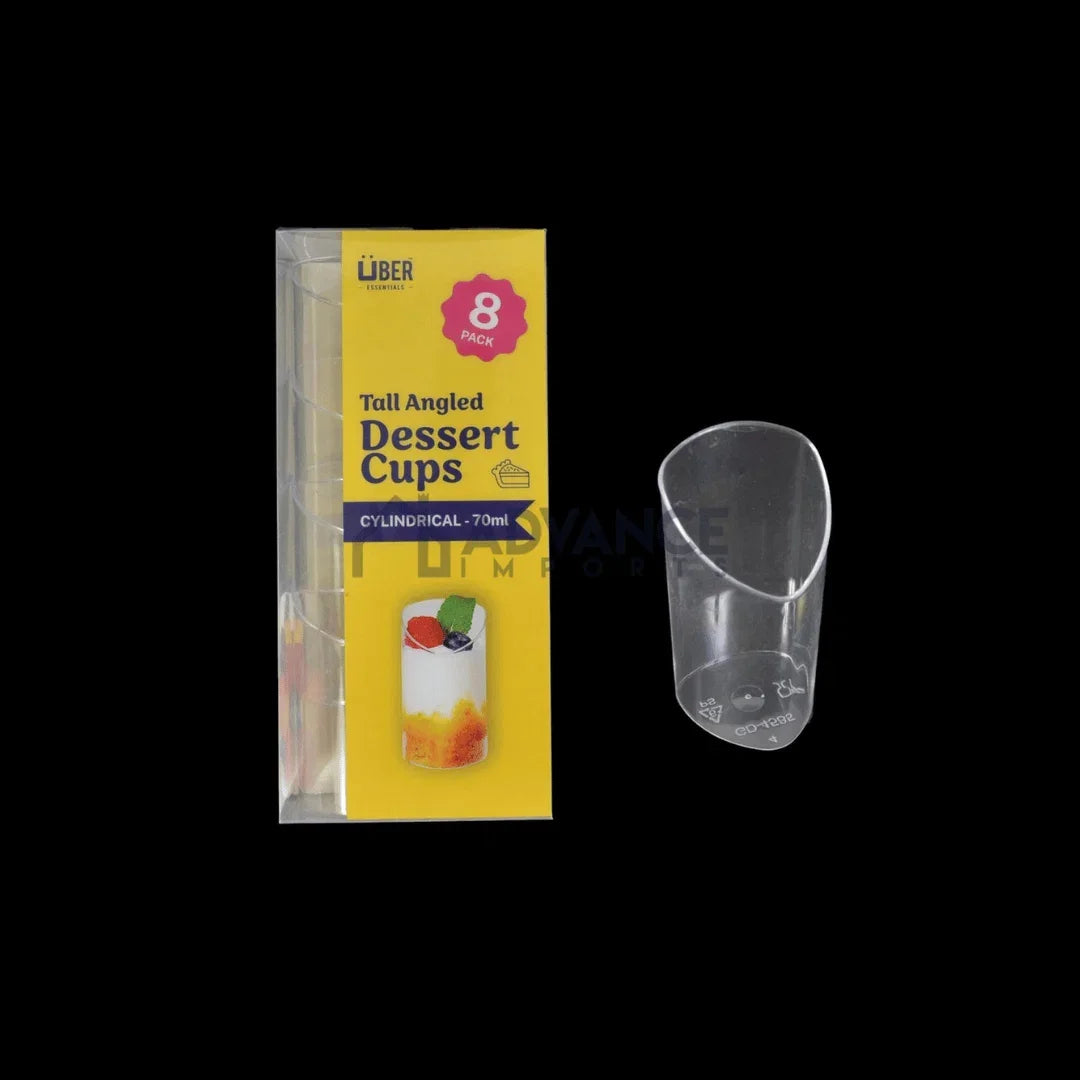 8 pack of Liber Tall Angled Dessert Cups, 70ml cylindrical clear plastic disposable cups