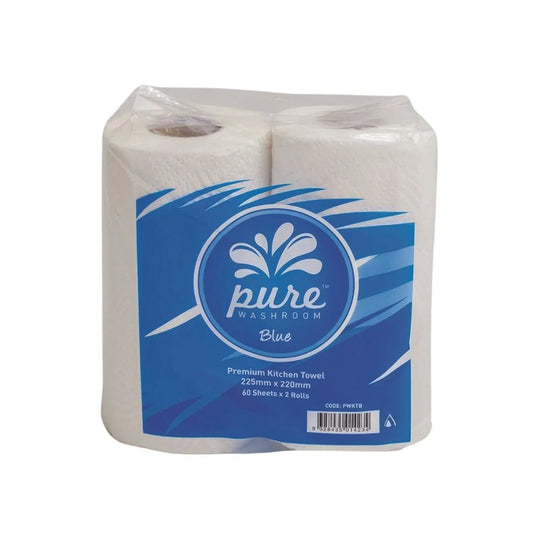Two rolls of Pure Washroom Blue premium kitchen towels in plastic packaging