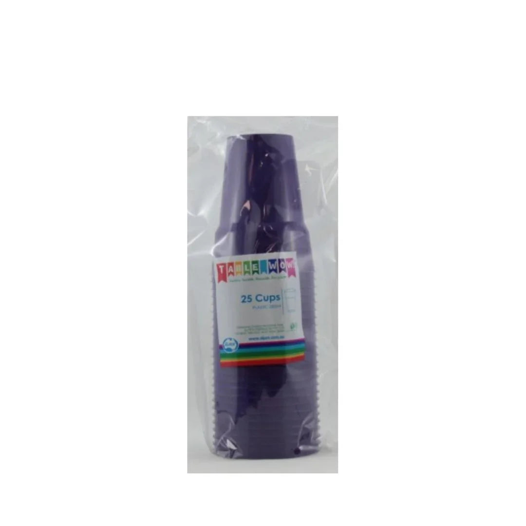 Pack of 25 purple plastic disposable cups in clear plastic packaging
