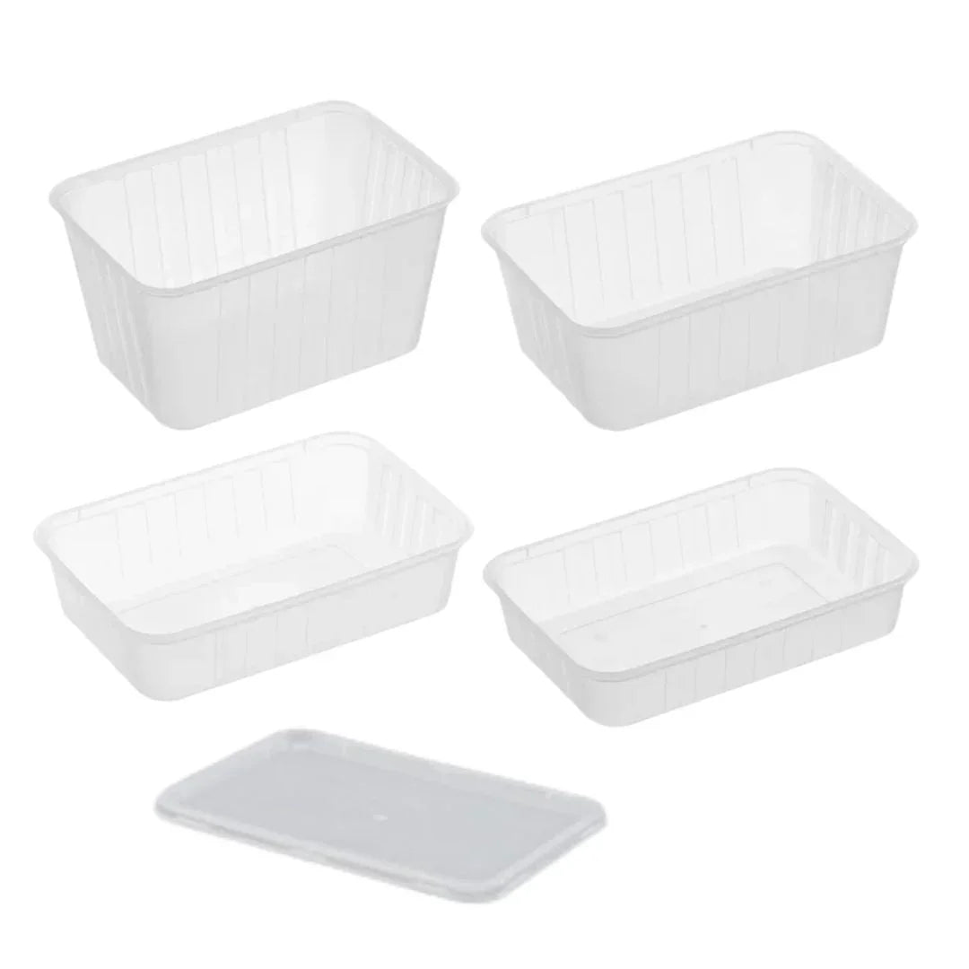 Four clear plastic rectangular food containers with one matching lid