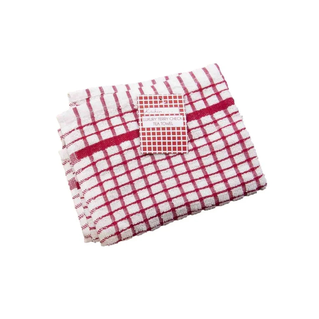 Folded red and white checkered luxury terry check tea towels