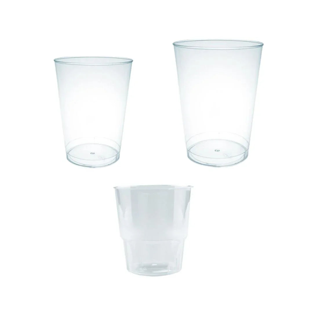 Three clear plastic disposable cups of varying sizes and shapes