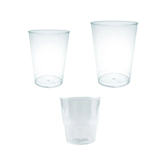 Three clear plastic disposable cups of varying sizes and shapes