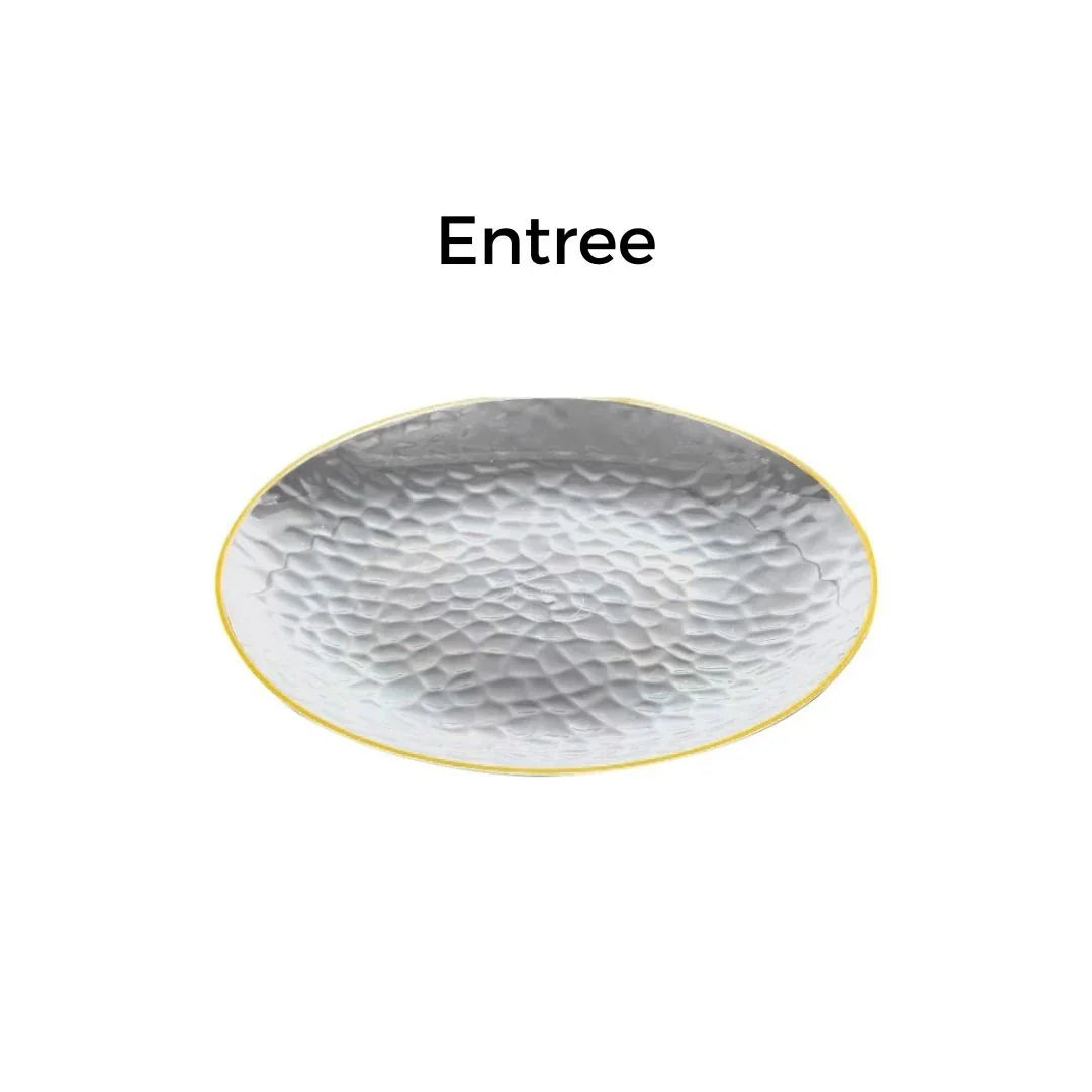 Silver hammered metal entree platter with a gold rim