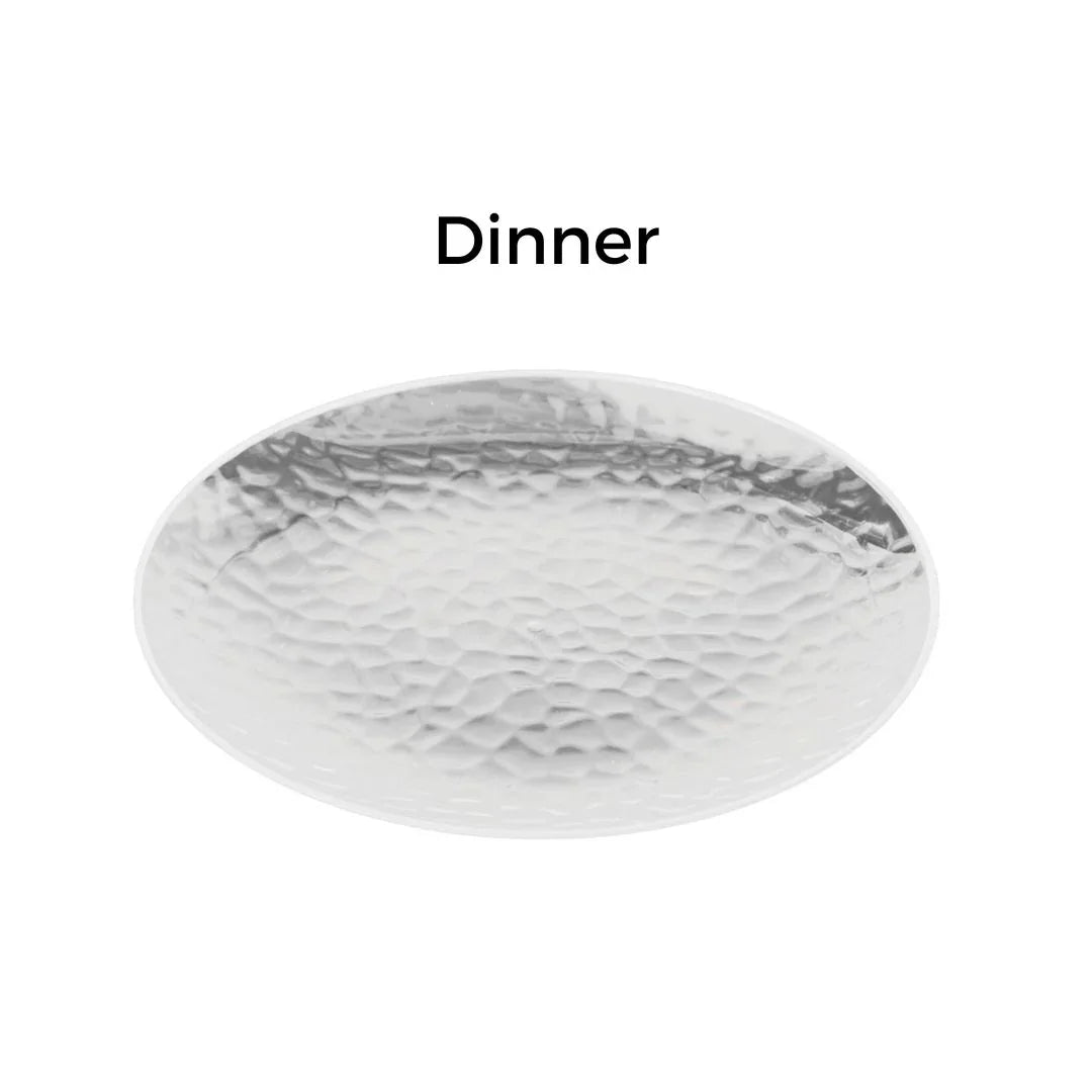 Silver hammered finish disposable dinner plate
