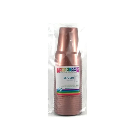 Pack of 25 rose gold plastic disposable cups in clear packaging