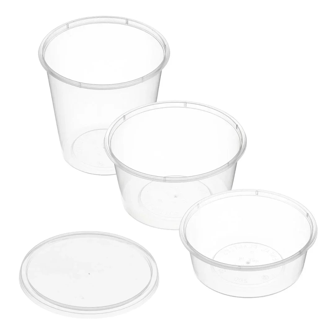 Three clear plastic disposable catering containers of varying sizes with one matching lid