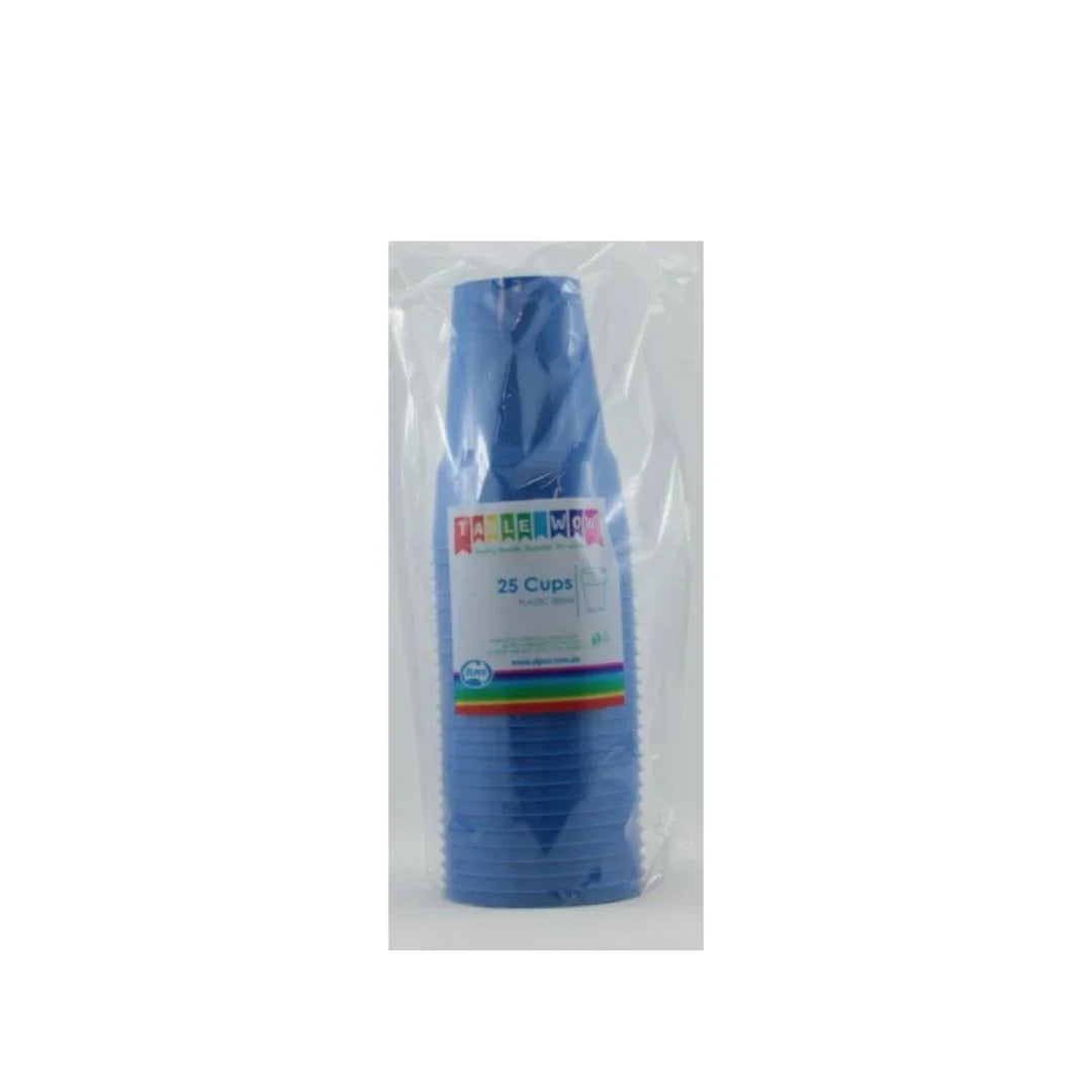Pack of 25 blue disposable plastic cups in clear plastic packaging