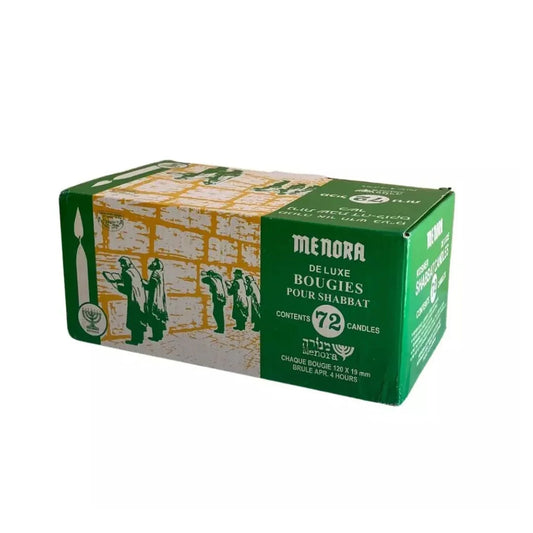 Box of 72 Menora de luxe Shabbat candles featuring traditional artwork